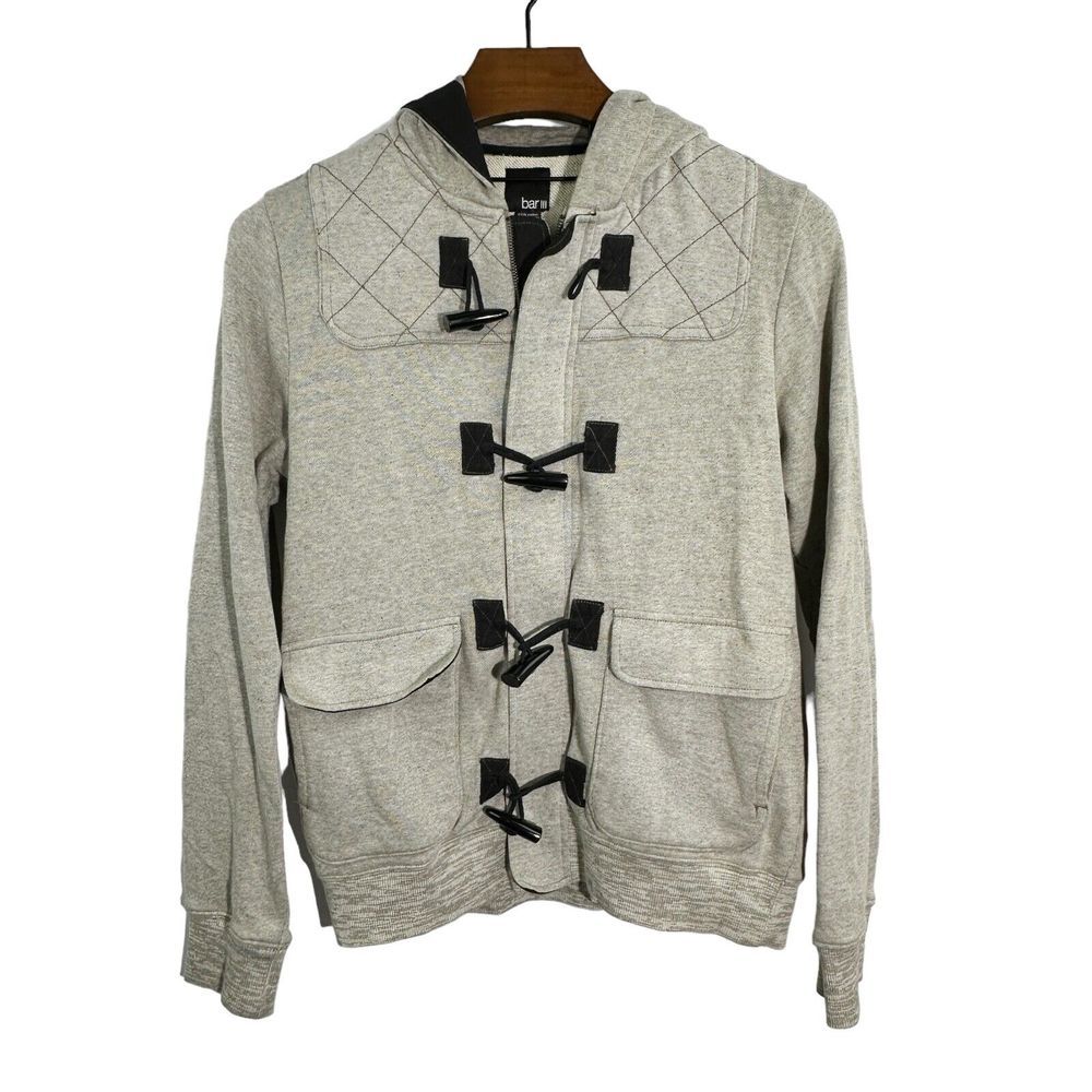 BAR III‎ Mens Full Zip Gray Cotton Hoodie Toggles Quilted Small
